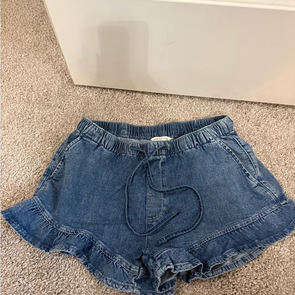American Eagle Outfitters Denim Ruffle-Hem Shorts - Blue